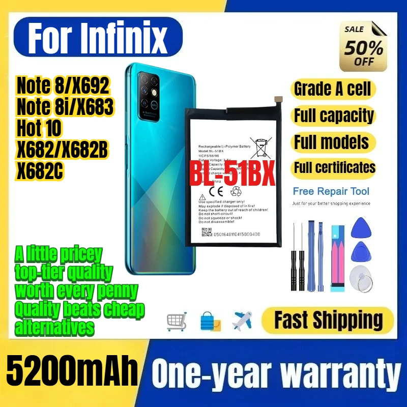 BL-51BX for Infinix Note 8/X692/Note 8i/X683/Hot 10/X682/X682B/X682C Phone Battery Replacement Bateria Grade A Cell with Tools