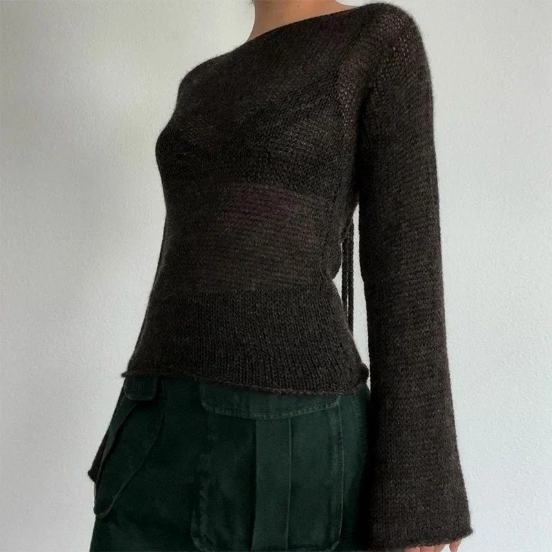 Y2K Women Vintage Tie Up Backless Sweaters Spring Autumn Solid Color O Neck Long Sleeve Knitted Pullover Tops Streetwear