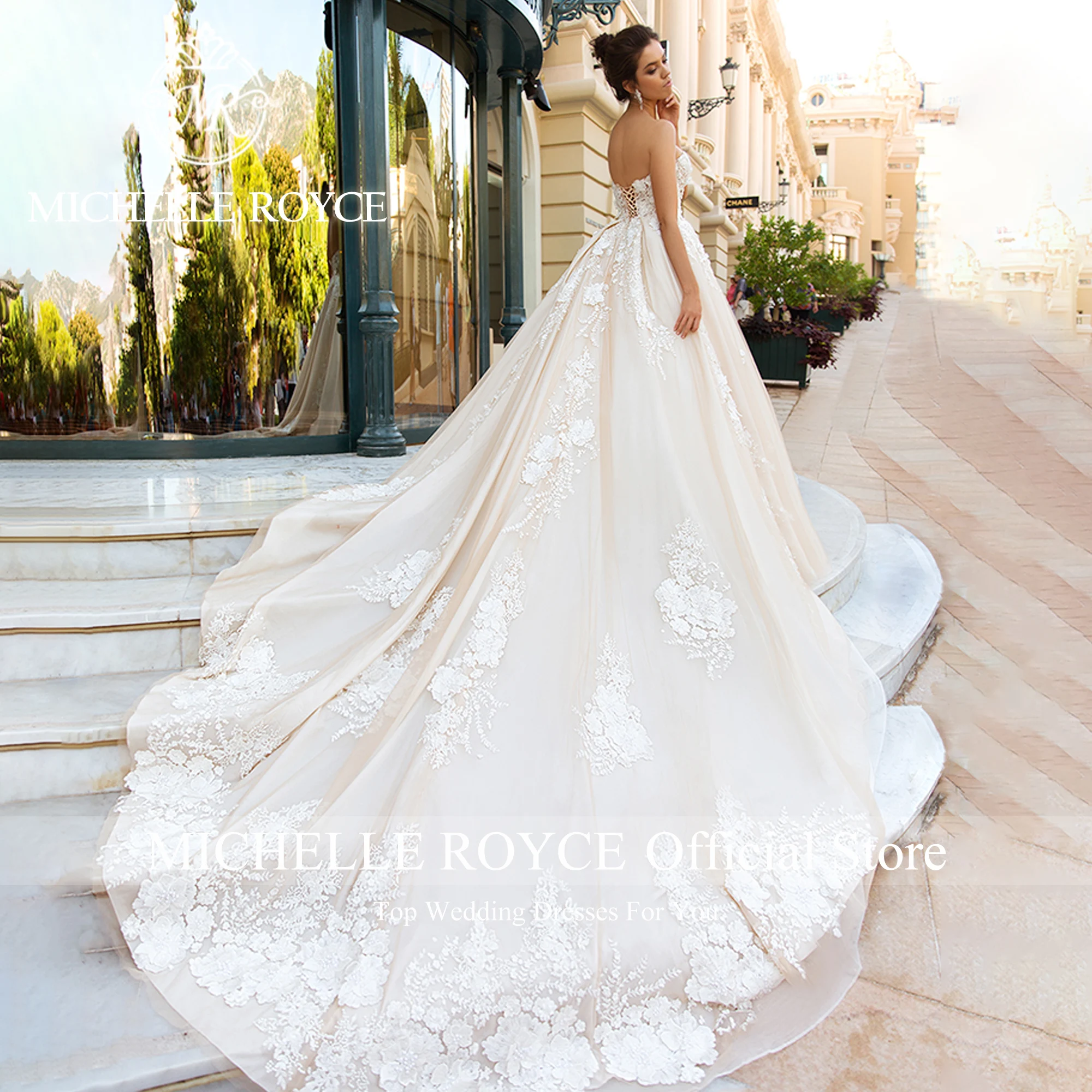 ميشيل رويس فساتين زفاف على شكل كرة للنساء مثير tSweetheart التطريز الشمبانيا الدانتيل يصل ثوب زفاف Vestidos De Novia