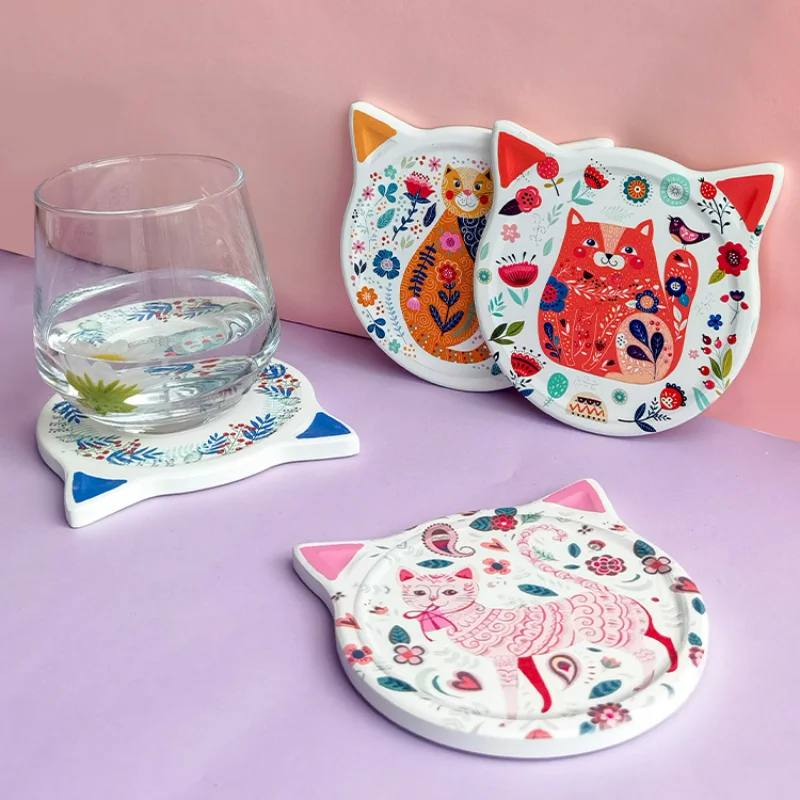 Cute Cat-shaped Ceramic Coaster Heat Insulation Pad Table Water Cup Holder Coffee Cup Non-slip Mat