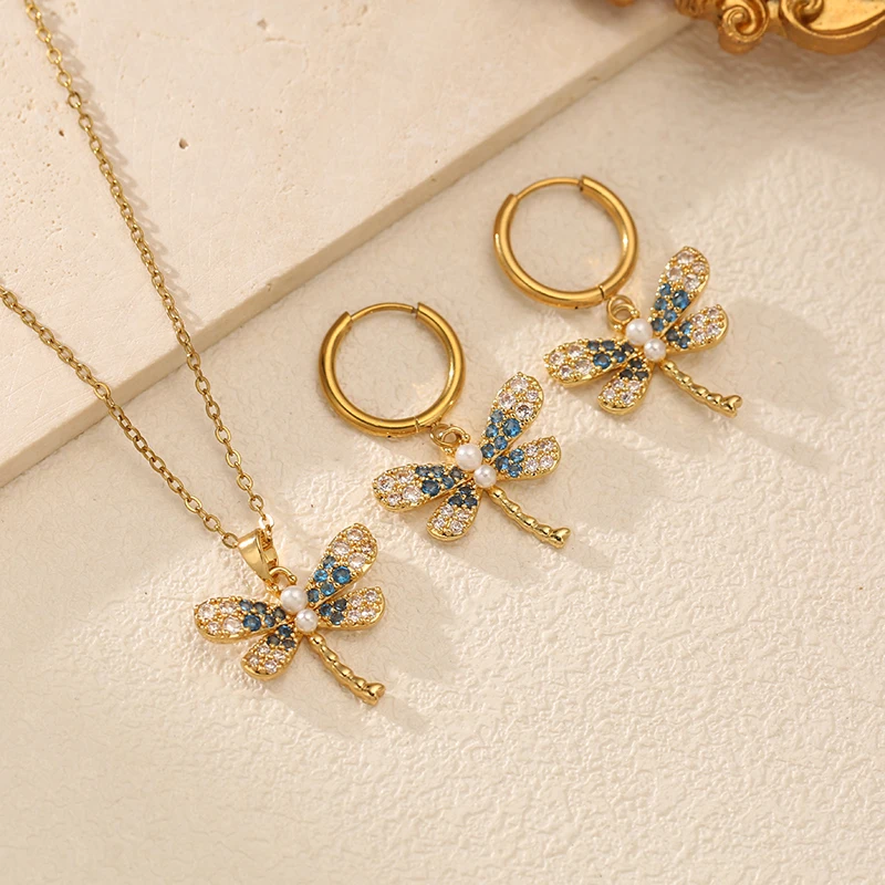EILIECK 316L Edelstahl Libellen-Strass-Perlen-Halskette und Ohrringe Set für Frauen, Trendiges Geschenk, Luxuriöser Wasserfester Schmuck – Detail 10