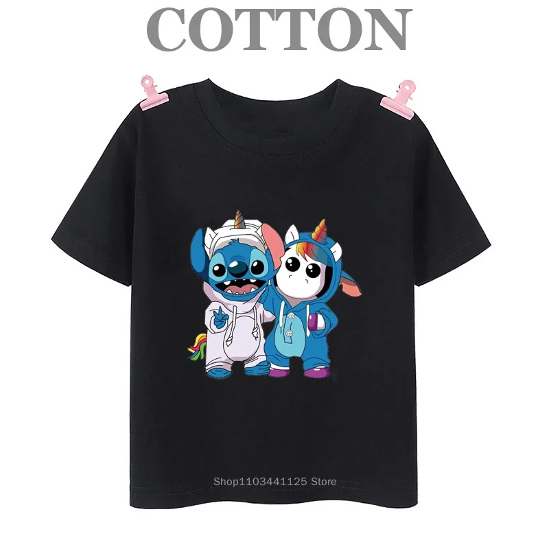 Disney Stitch and Mickey Mouse Cotton T Shirt for Children Children\'s Kids Boys T-shirts Summer 2024 Fashion Round Neck Casual