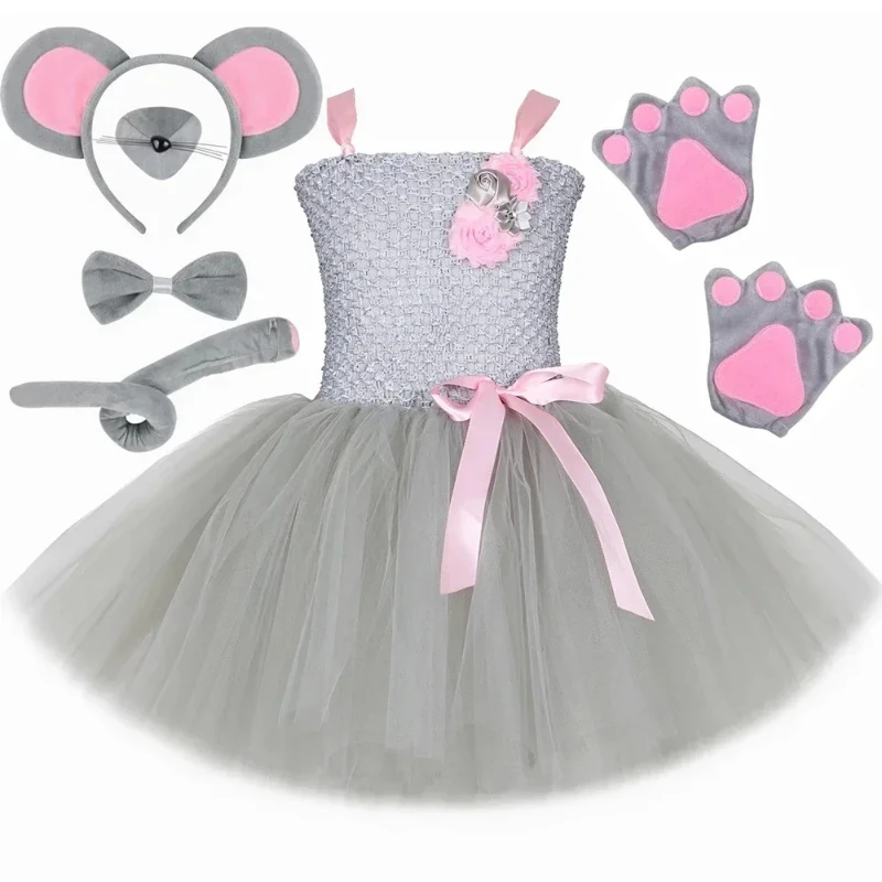 Grey Mouse Rat Costume Kids Tutu Dress with Ears Tail Bow Tie Nose Animal Mice Costumes for Girls Halloween Birthday Party Dress