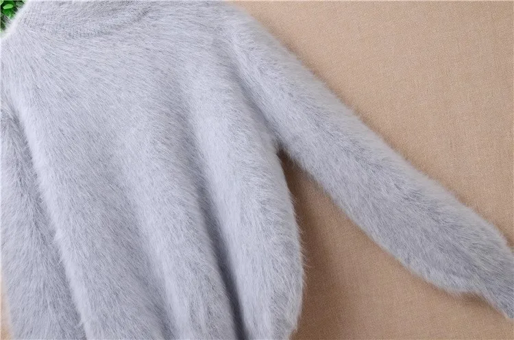 Ladies Women Spring Winter Grey Hairy Mink Cashmere Knitted Turtleneck Long Lantern Sleeves Slim Blouses Pullover Angora Sweater