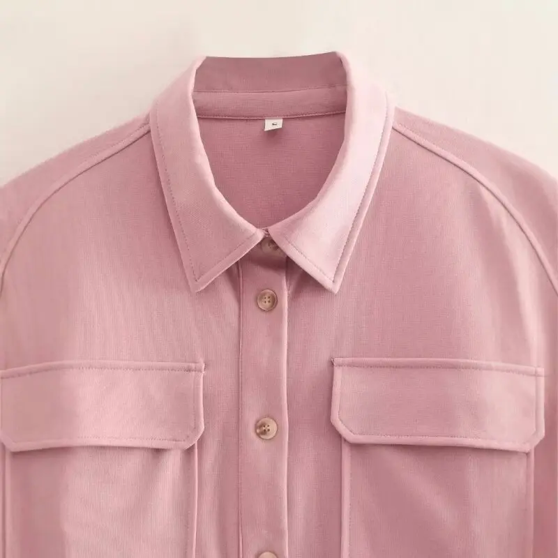 エレガントなソリッドポケットボタンシャツカジュアルフルスリーブオフィスレディトップス女性秋ルーズストリートウェアベージュピンクカラーシャツトップス