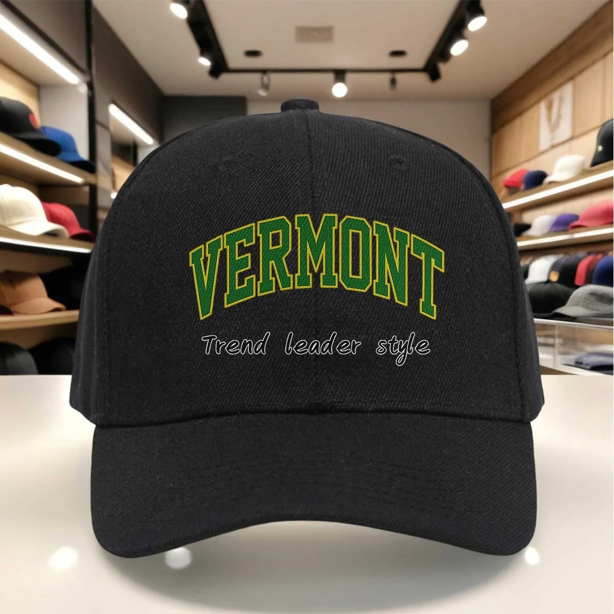 Vermont Lettering Baseball Cap with Bold Green/Yellow Print, Adjustable Dad Hat Suitable for,, Graduation, Machine Washable Roun