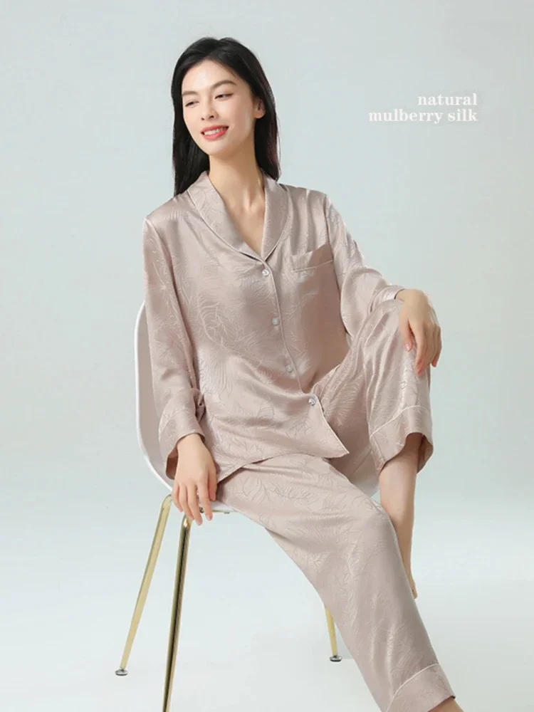 الجاكار 19 مللي متر 100% التوت الحرير طويلة الأكمام بيجامة مجموعة قطعتين ملابس نوم مريحة المرأة Homewear سترة منامة دعوى
