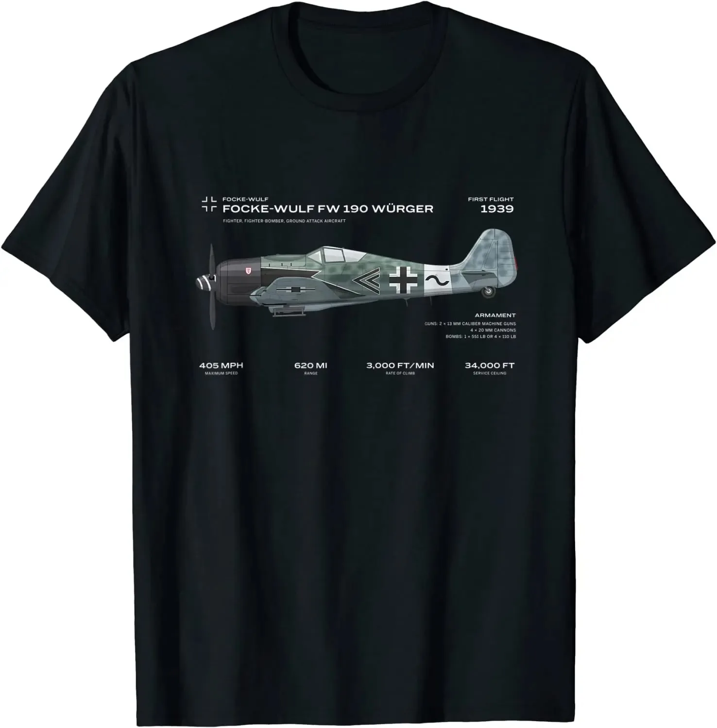 Camiseta Y2k Hip Pop Tops Focke Wulf Fw 190 con estampado de avión de combate, camiseta informal de manga corta de algodón con cuello redondo para hombre, camiseta Unisex