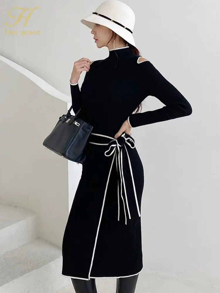 H Han Queen Autumn Elegant OL Lace up Strapless Elastic Knit Pullover Sweater Long Dress Black Sheath Pencil Knitted Dresses