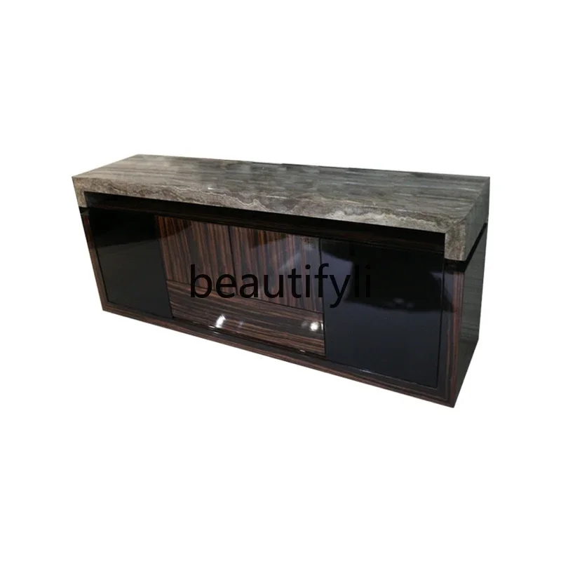 

Natural genuine gray cave stone marble side cabinet black sandalwood simple modern restaurant furniture