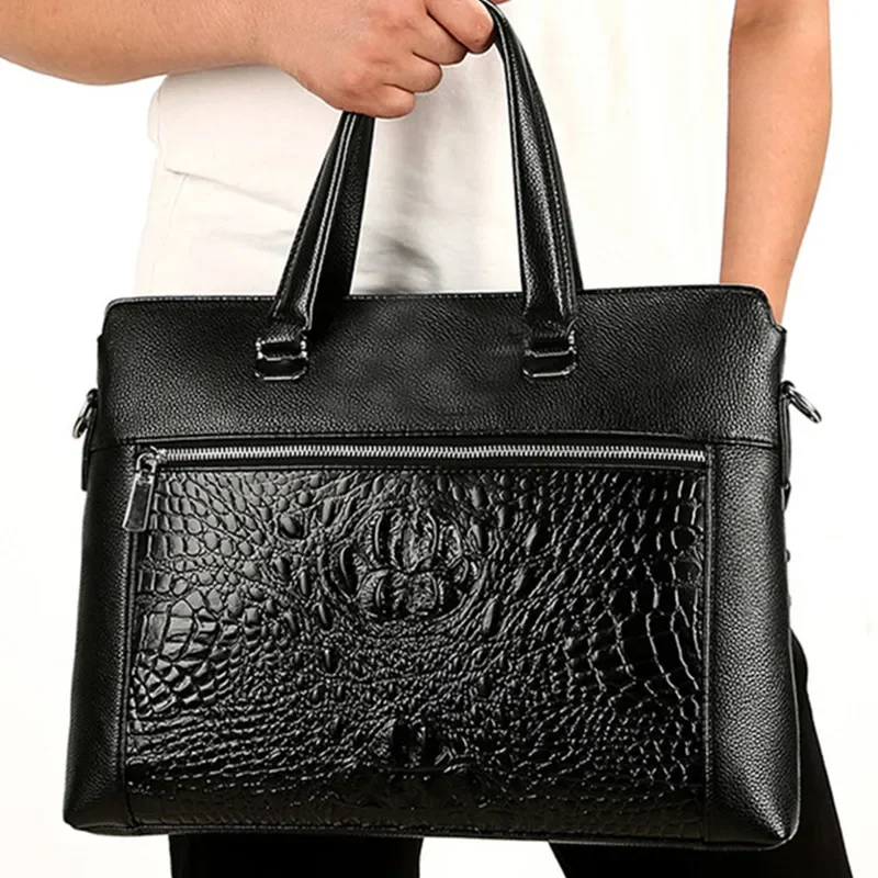 Sac à main en cuir de vachette véritable motif crocodile pour hommes, sac à bombes pour hommes, sac messager lancé, sacs pour ordinateur portable d'affaires, sac à main vintage