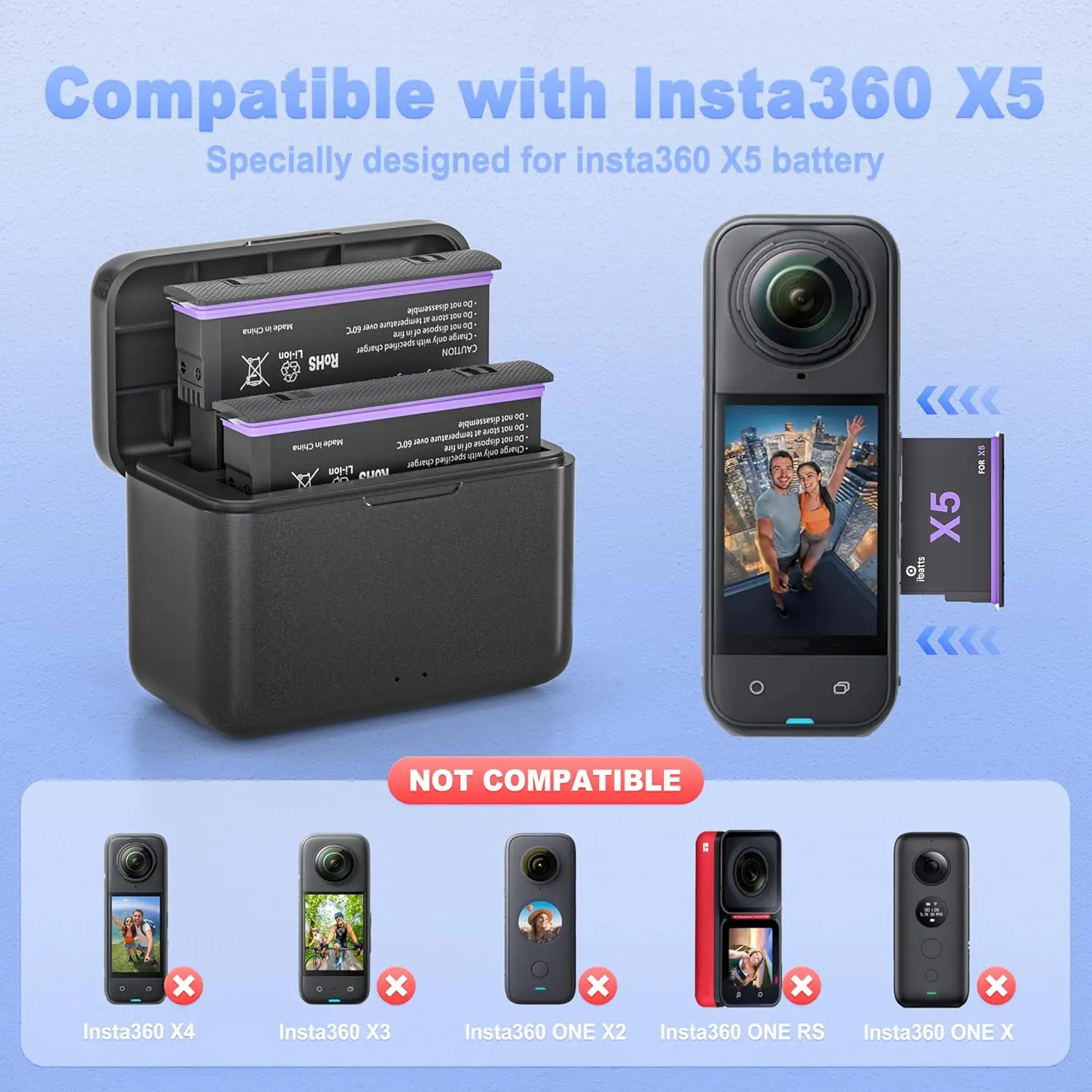 2800 mAh oplaadbare batterij en opladerset met dubbele sleuf voor Insta360 X5, complete voedingskit voor Insta360 X5 actiecamera-batterijen