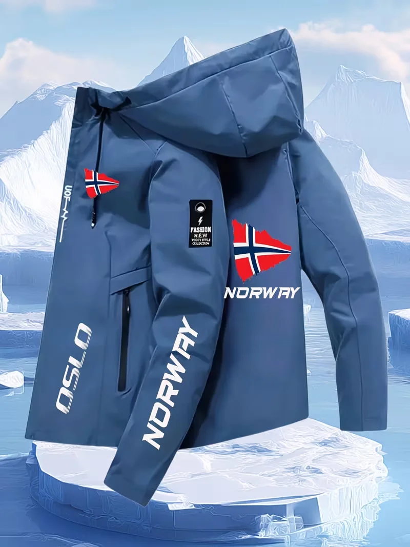 Herren-Jacke mit Kapuze und Norwegen-Flagge (Oslo), winddichter Outdoor-Mantel, Nationalreise-Windbreaker, lässige Kapuzenjacke