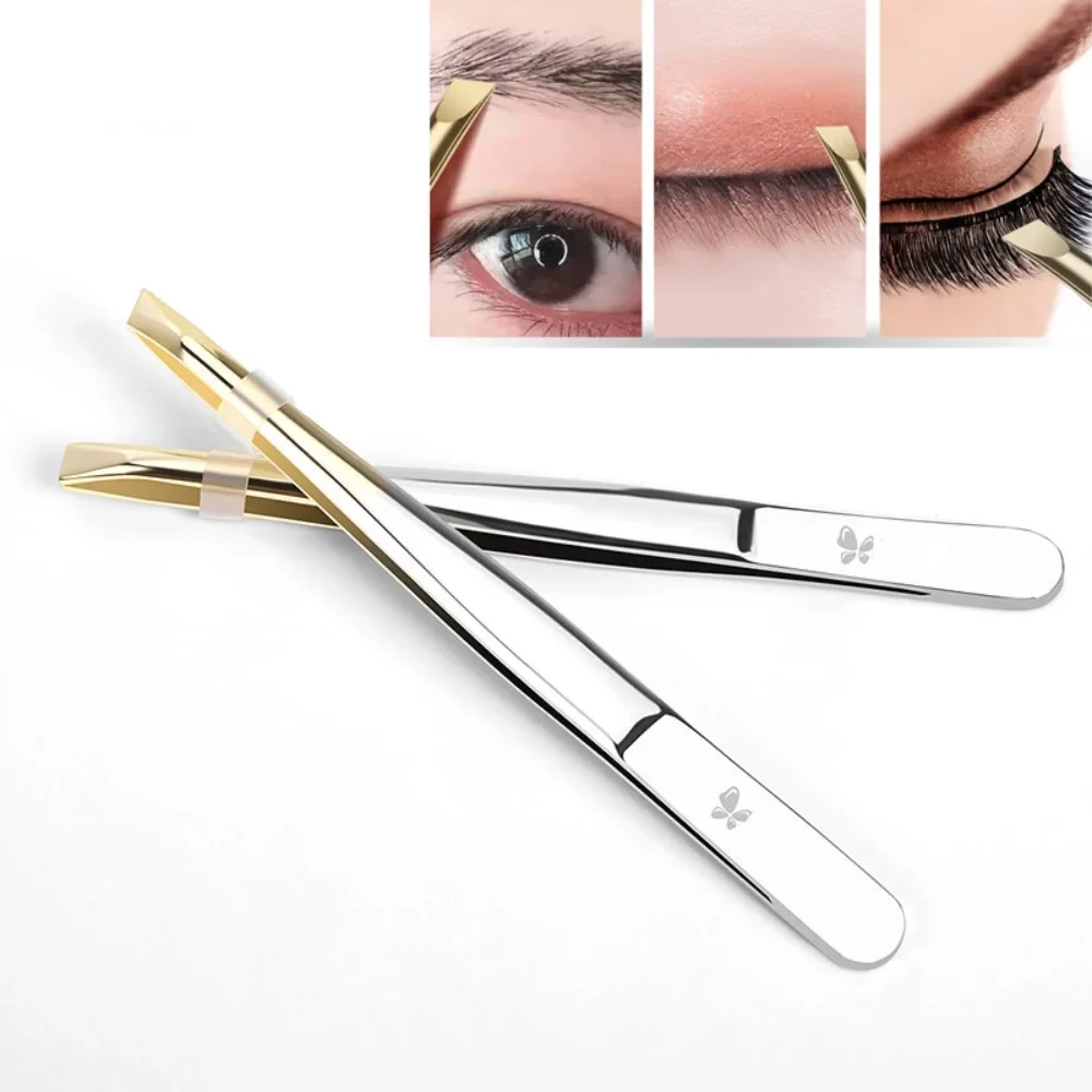 Pinzas para cejas de acero inoxidable, punta plana/inclinada, multifunción, Clip para pestañas postizas, recorte de cejas, 2 uds.