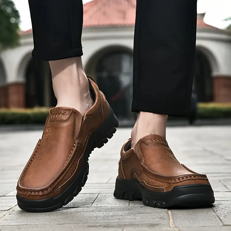 Thick Sole Men Loafers Handmade Outdoor Sneakers Men Leather Casual Shoes Slip On Spring And Fall Man Footwear Plus Size 39-48