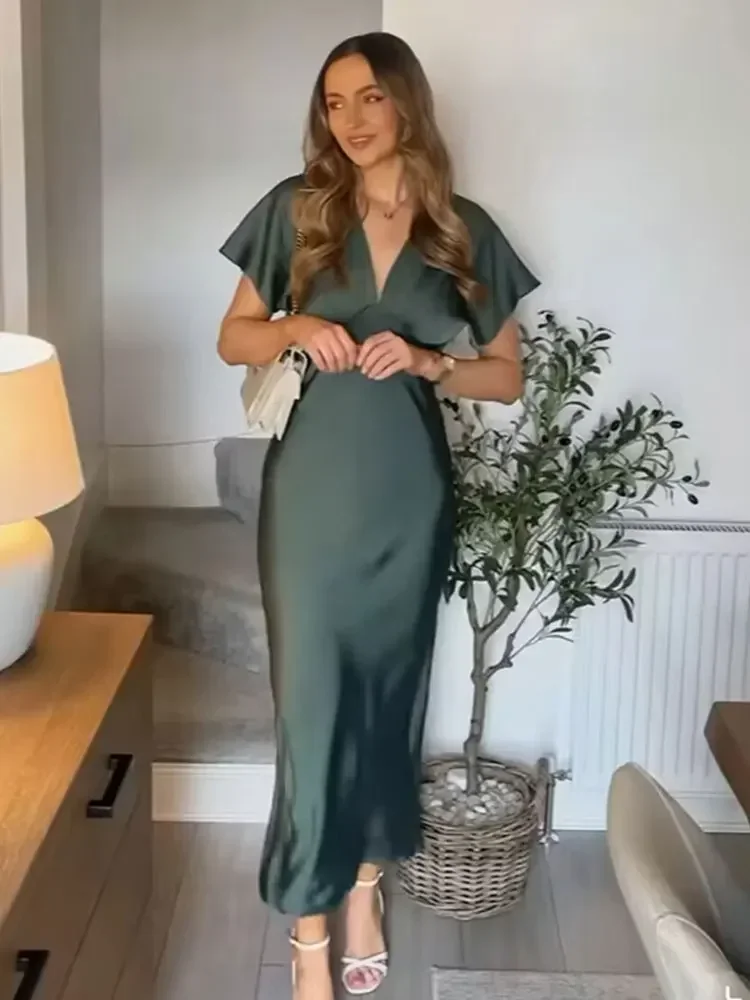 HH 여성 우아한 솔리드 새틴 드레스 섹시한 V넥 반팔 미디 드레스 2025 신상 여름 여성 휴가 파티 드레스