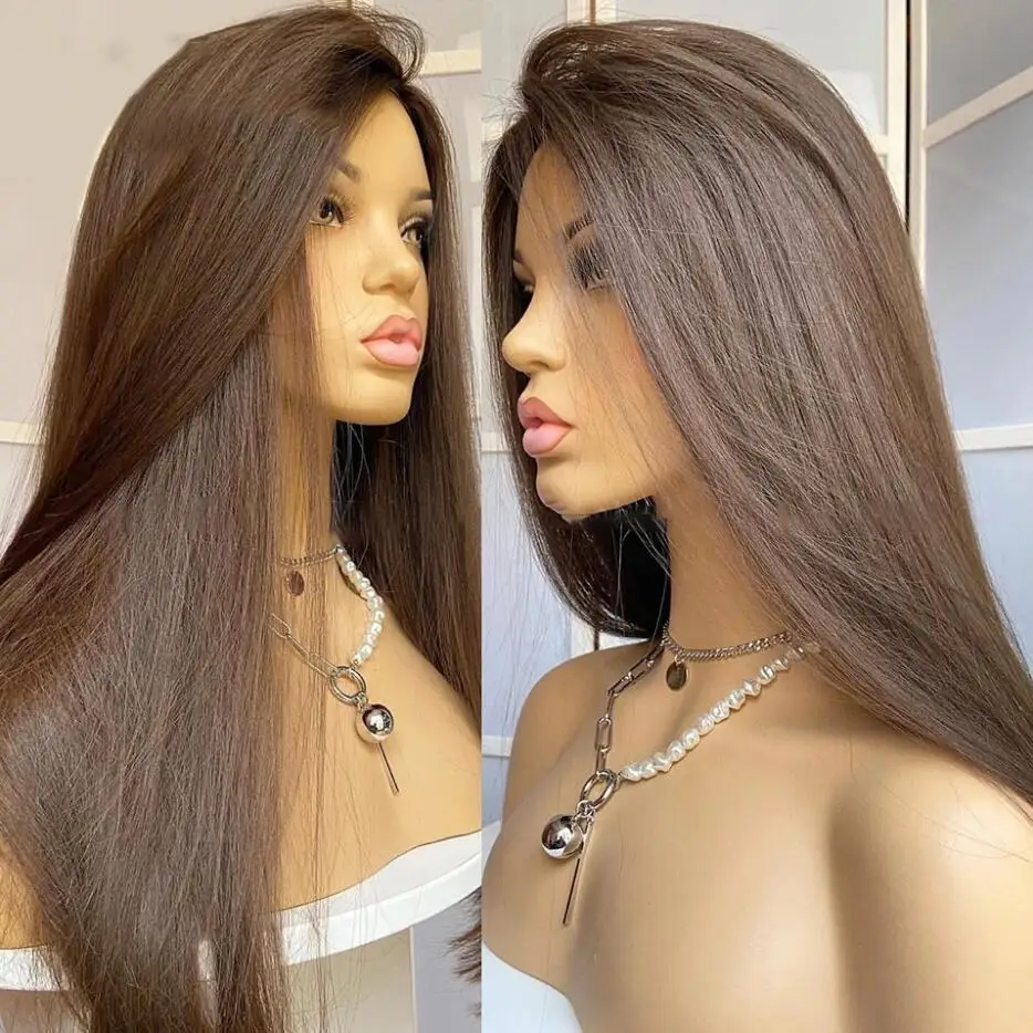 

Soft Brown Silky Straight 28'' 200 Density 5x5 Silk Base Jewish Human Hair Wig With Baby Hair HD Lace European Hair Preplucked