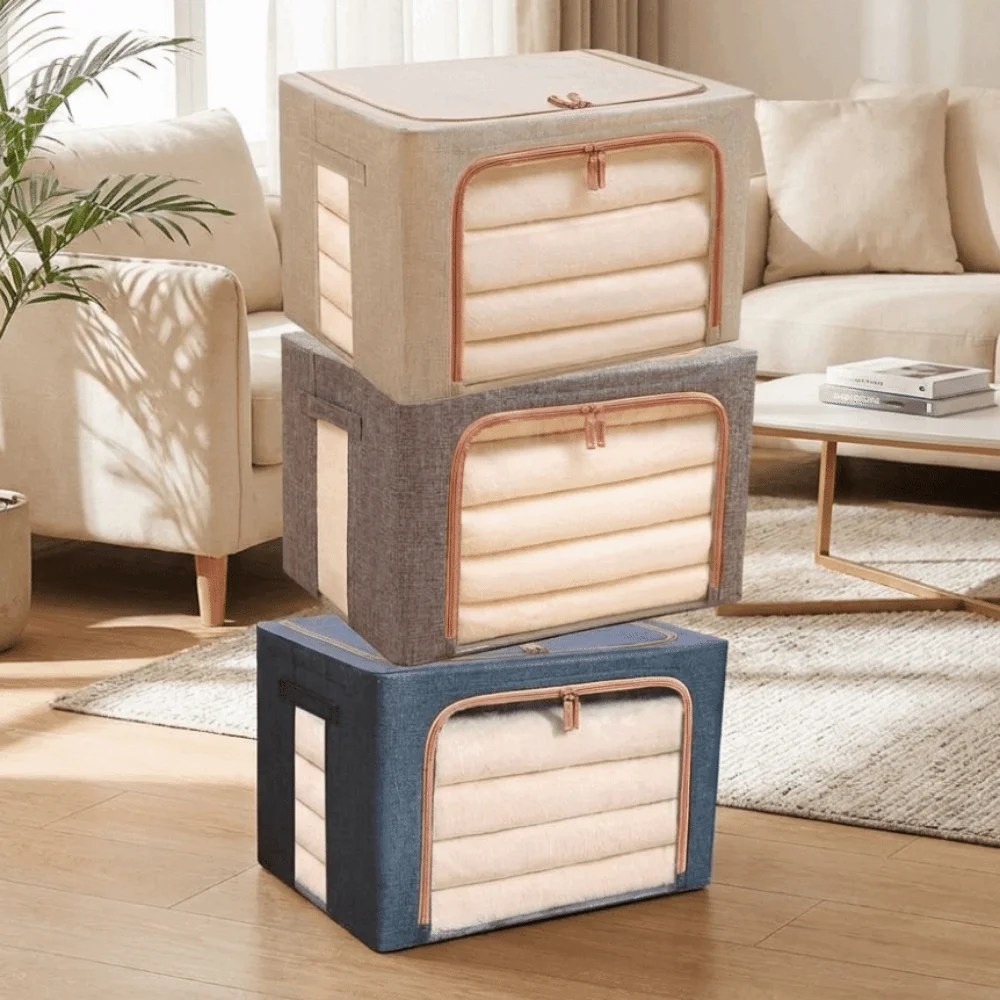 Clear Window Clothes Quilt Storage Bins Steel Frame Large Capacity Clothing Sorting Box Dust-proof with Handles Zipper