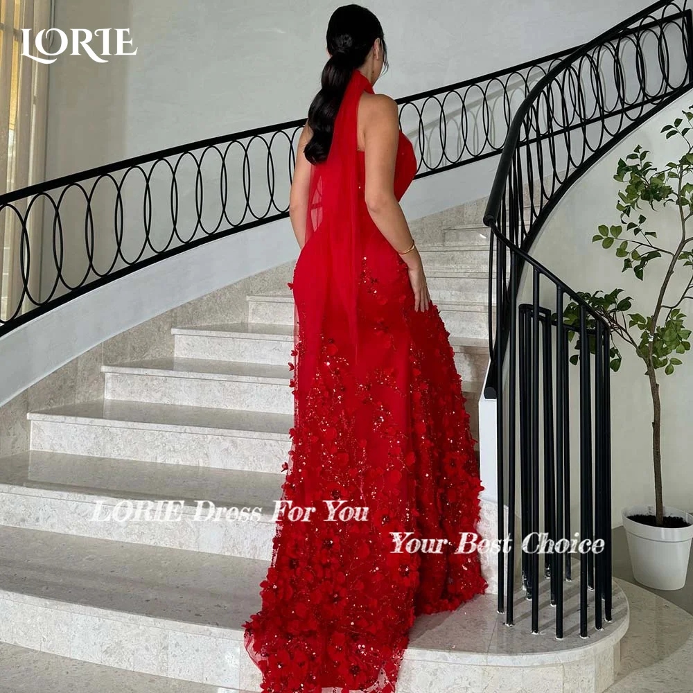 LORIE-vestido de noche rojo con cuello Halter para mujer, traje de sirena con corte en A, flores 3D, encaje, para fiesta de graduación, 2024