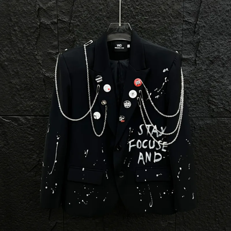 WVGA Spring Autumn New Man Tide Graffiti Letter Padded Shoulder Blazer Niche Chic Casual Metal Chain Suit Jackets Ins Y2K W10342