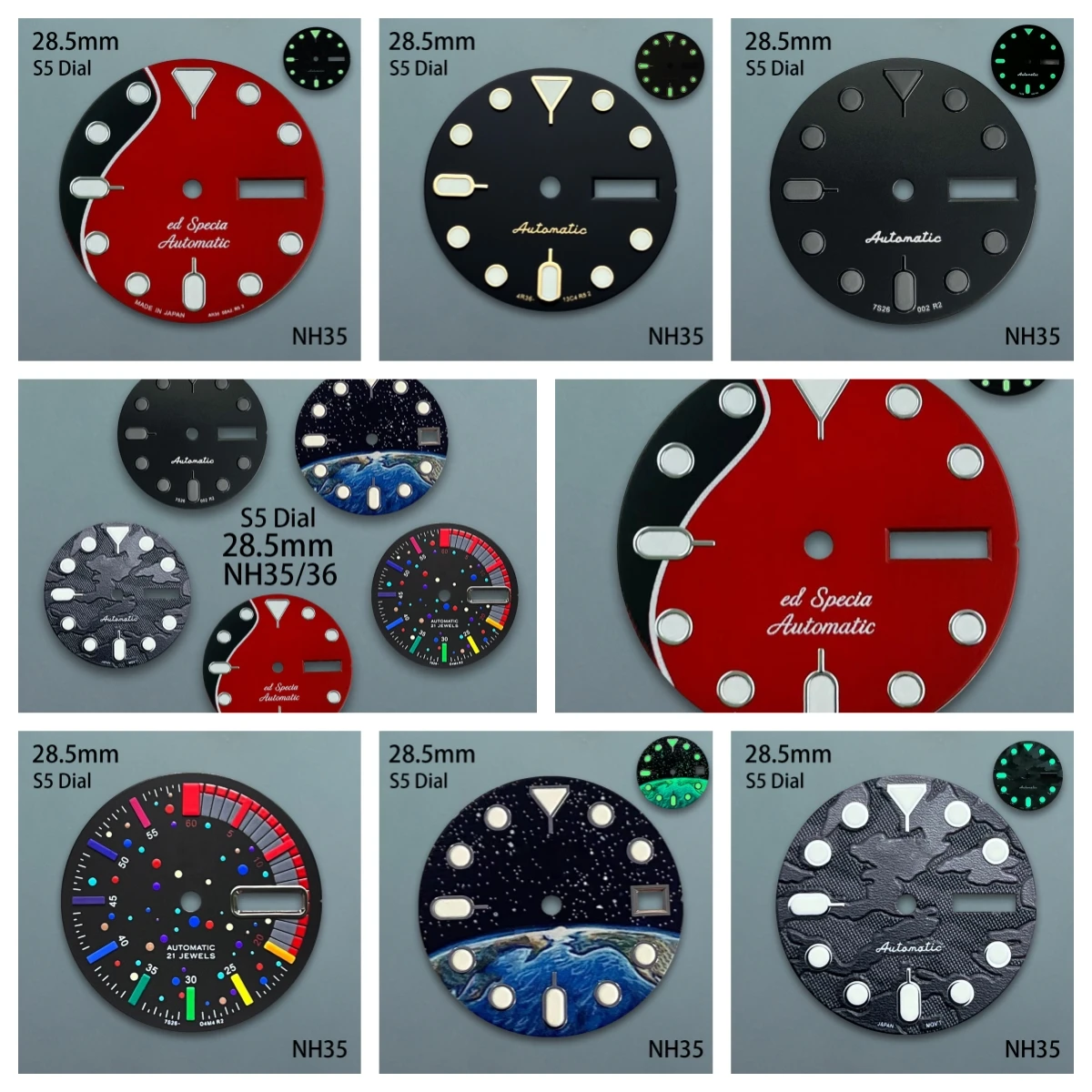

28.5mm S5 Logo camouflage Dial Suitable For NH36/4R36 Movement Green Luminous Dual Calendar Quality Watch Refit Accessories