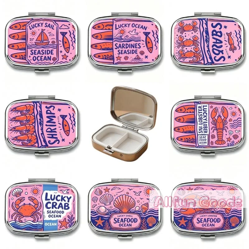 [TG835]1Pcs Retro Sardine Print Pill Box 2-Compartment Metal Mini Organizer For Women Travel Jewelry Medicine Candy Storage
