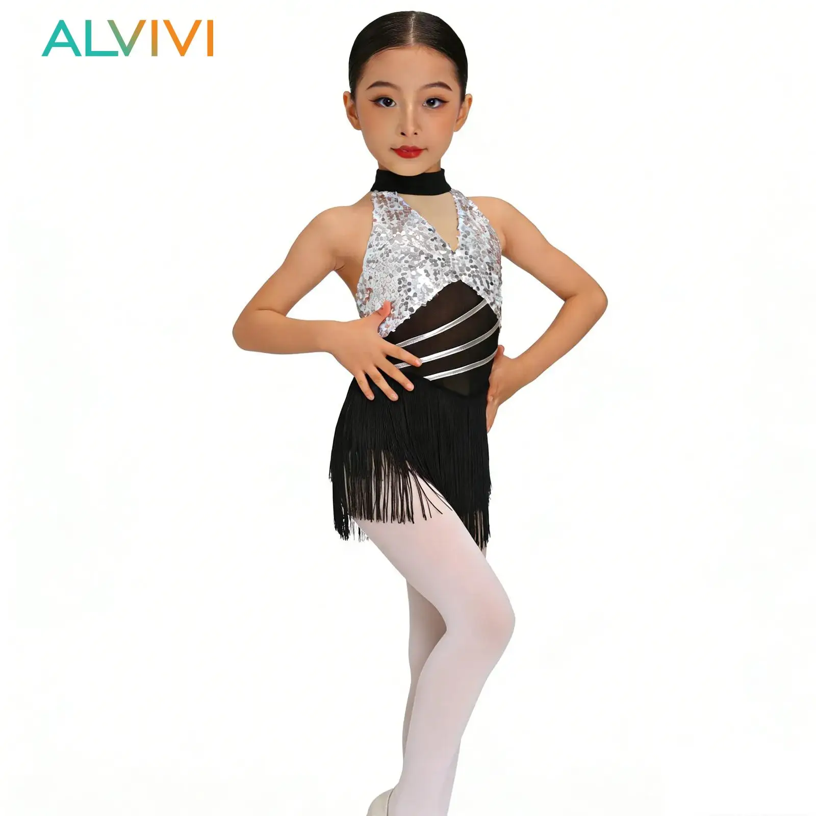 

Kids Girls Shiny Sequin Dance Dress Professional Latin Costume Halter Mesh Metallic Back Tassels Leotard Cha-cha Salsa Dress