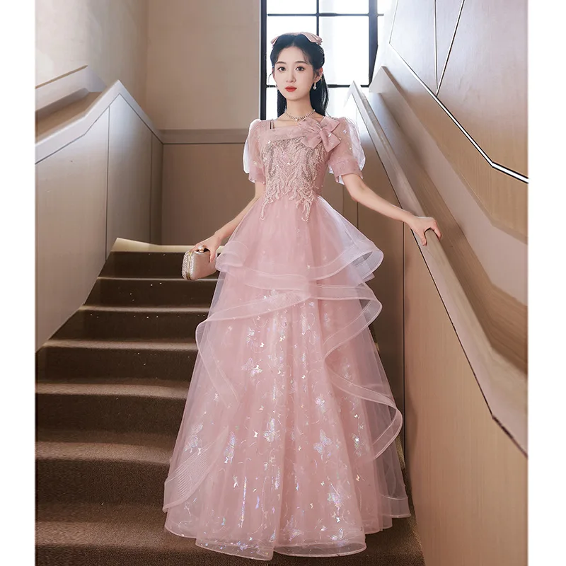 Sweet Pink Evening Dress French Square Collar Beaded Bow Quinceanera Dresses Exquisite Applique Long Princess Cake Party Gown