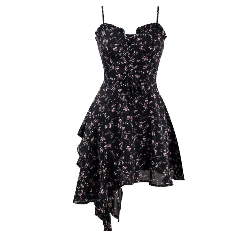 Mulheres primavera verão novo design pequeno e sofisticado sentido alça floral preto fungo borda emenda vestido