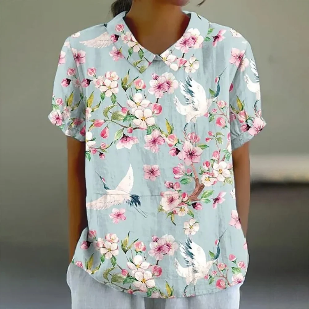 

Women's Vintage Blouses Casual Soring Fall Short-sleeve Bamboo Linen Lapel Print Fashion Loose Shirt Elegant Women Top Clothing