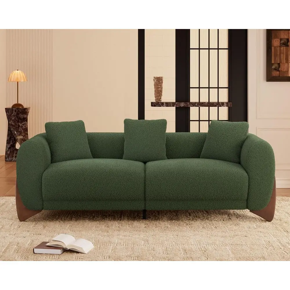 

3-Seater Sherpa Boucle Sofa with Wood Legs, Plush Cushions, Matching Pillows - Forest Green