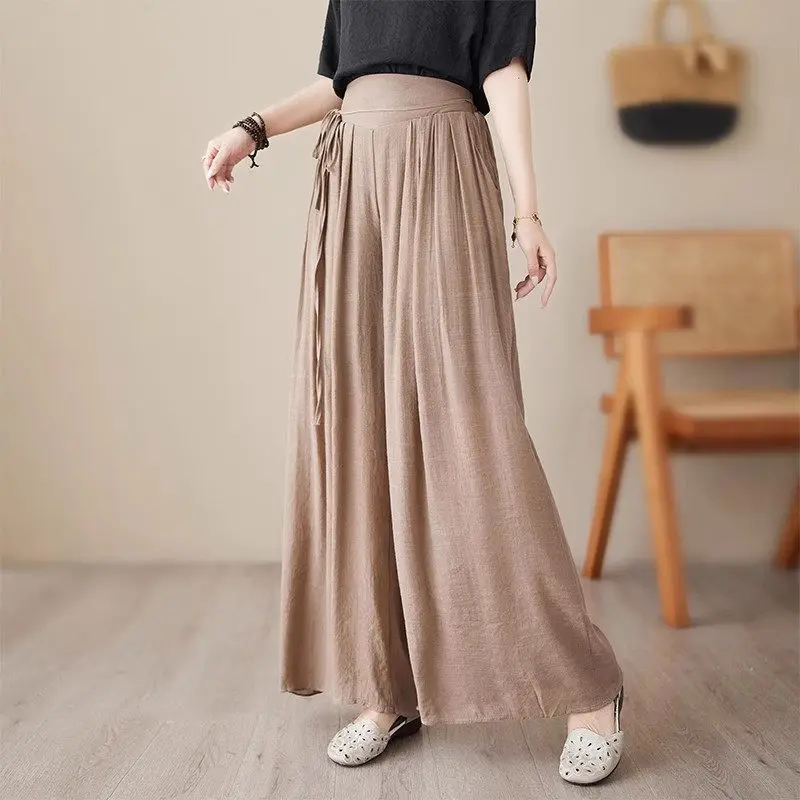 Ice Silk Wide Leg Pants Hemp Material High Waist Lace Up Design Trousers  Summer Thin Style Women Straight Culottes Z1648