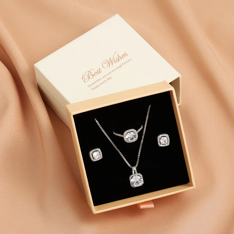 ZAKOL Luxus-Set mit quadratischen Zirkon-Kristallen, Ohrring, Halskette, Ring-Set für Damen, silberfarben, Prinzessin, Braut, Hochzeit, Party, Schmuck-Set