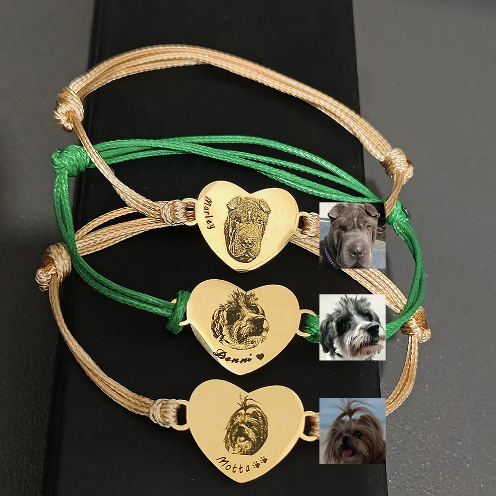 

Индивидуальный персонализированный портрет для фотографий домашних животных, регулируемый плетеный браслет из веревки из нержавеющей стали, различные цветные тканые веревки, браслет