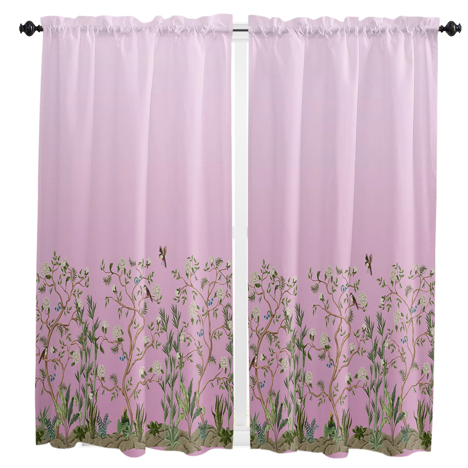 Pink Gradual Flower Plant Bird Curtain Home Decoration Living Room Short Curtains Window Treatments For Kitchen Bedroom