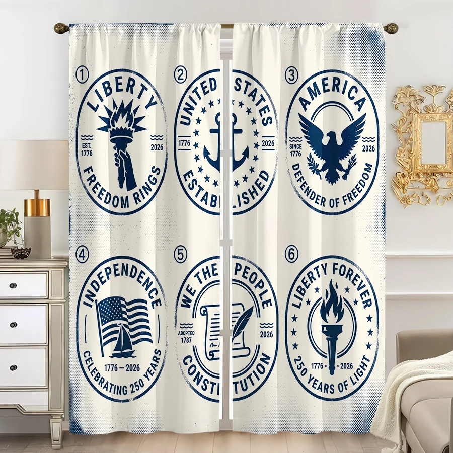 2PCS Curtains, Vintage American Postmark With Liberty Torch, Anchor, Bald Eagle, US Flag and Constitution Scroll Pattern Print,
