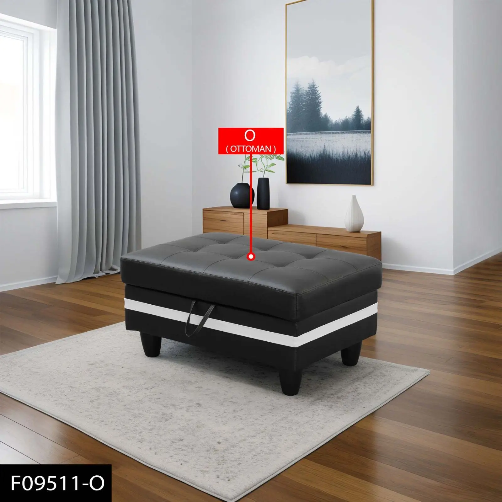 أثاث عصري أسود وأبيض شبه من جلد البولي يوريثان، مساحة تخزين مخفية كبيرة موفرة للمنزل والمكتب ومسند قدم متعدد الوظائف