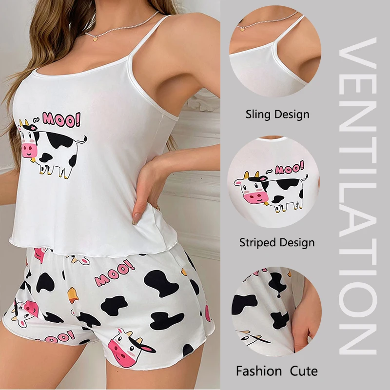 Two-Piece Set Women Sexy Camisole Top Shorts Casual Pajamas Cartoon Cow Pattern Print Versatile Sports Suspenders Loungewear