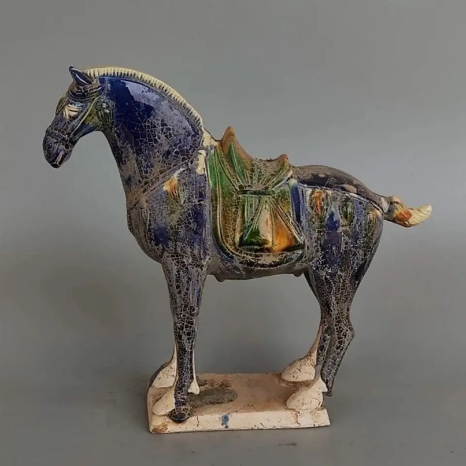 Tang Sancai Sapphire Blue Glaze Saddled Horse Pottery Statue Chinese Antique Tri-Color Ceramic Collectible Decor