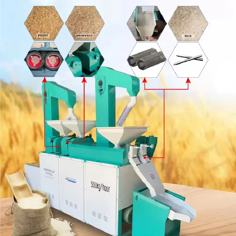 Hot Sale 500KG/H Single Phase Rice Mill Brown / White Rice Milling Machine Rubber Roller Auto Rice Mill