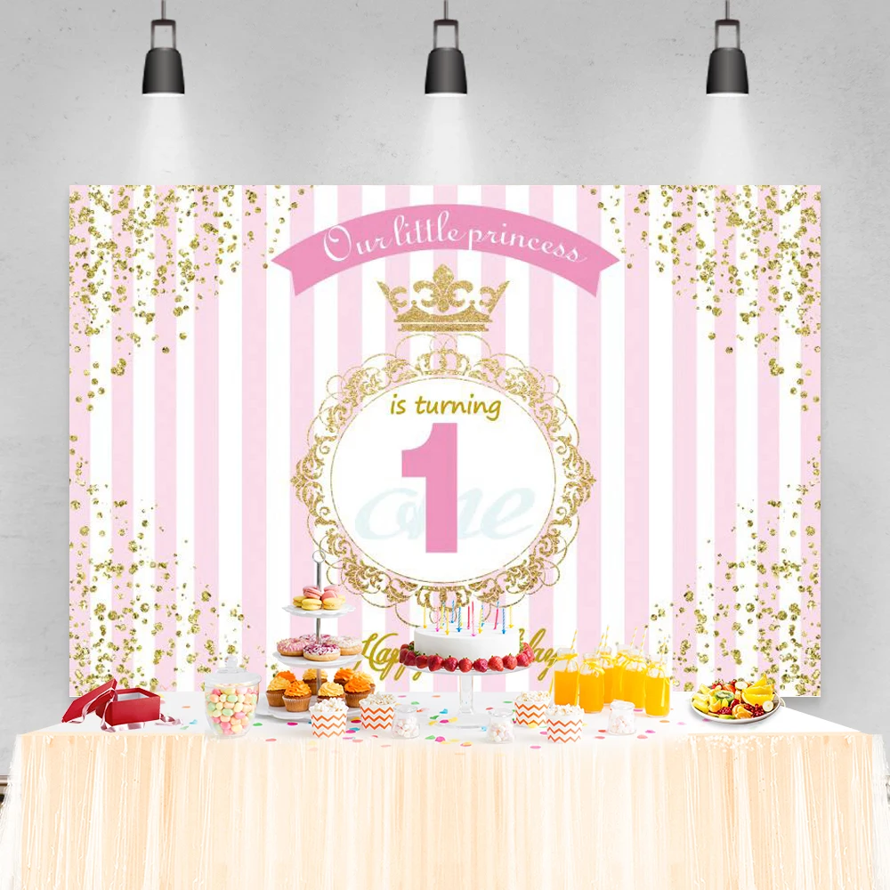 Princess Pink Backdrop Photography Gold Crown Headboard Sofa Happy Birthday Party Poster Portrait Photo Background Photo Studio