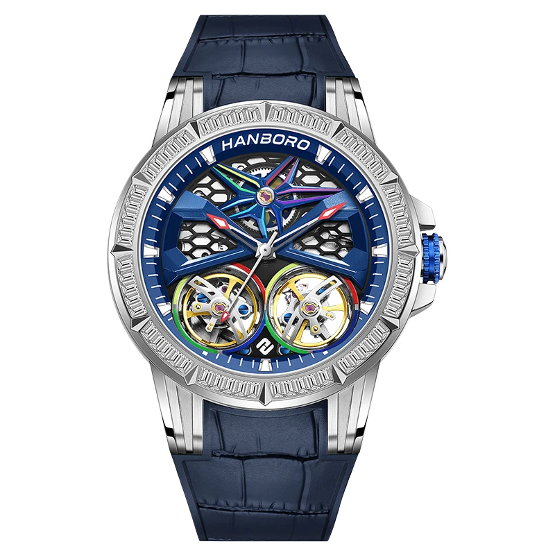 

Мужские автоматические часы HANBORO 43 мм, механические наручные часы с люминесцентным водонепроницаемым циферблатом и двойным маховиком, механизм Shanghai JH515