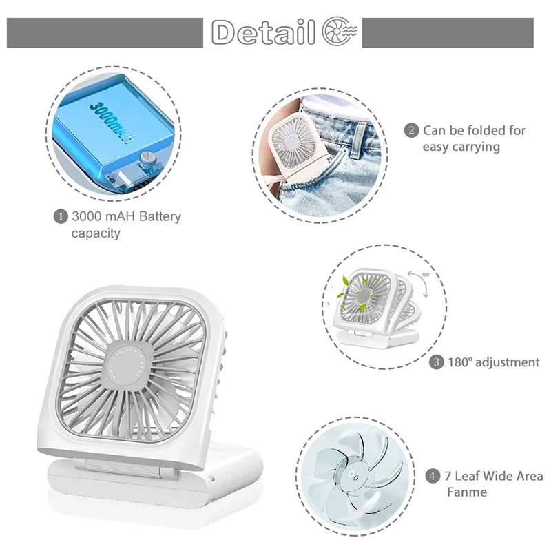 Mini ventilatore portatile personale, 3 velocità regolabili, pieghevole, ricaricabile, piccolo ventilatore da collo USB silenzioso