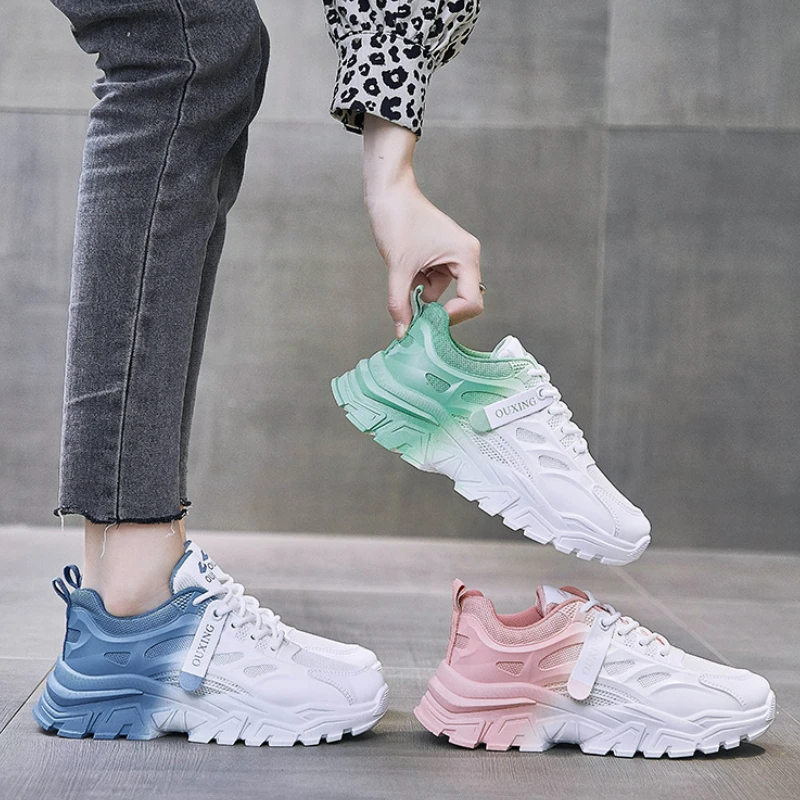 Womens Tennis Shoes Fashion Colour Blocked Sneakers Woman Casual Sports Running Shoes Breathable Mesh Platform Trainers Footwear