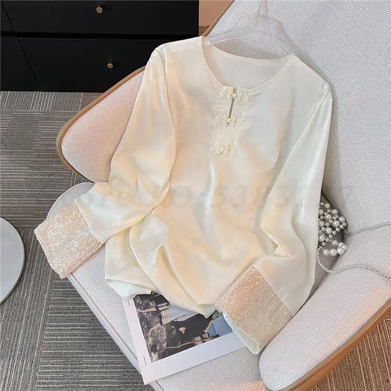 Loose Casual Tang Clothes Shirt Women Elegant Round Neck Button Up Top Chinese Style Jacquard Blouse Fashion Versatile Shirts