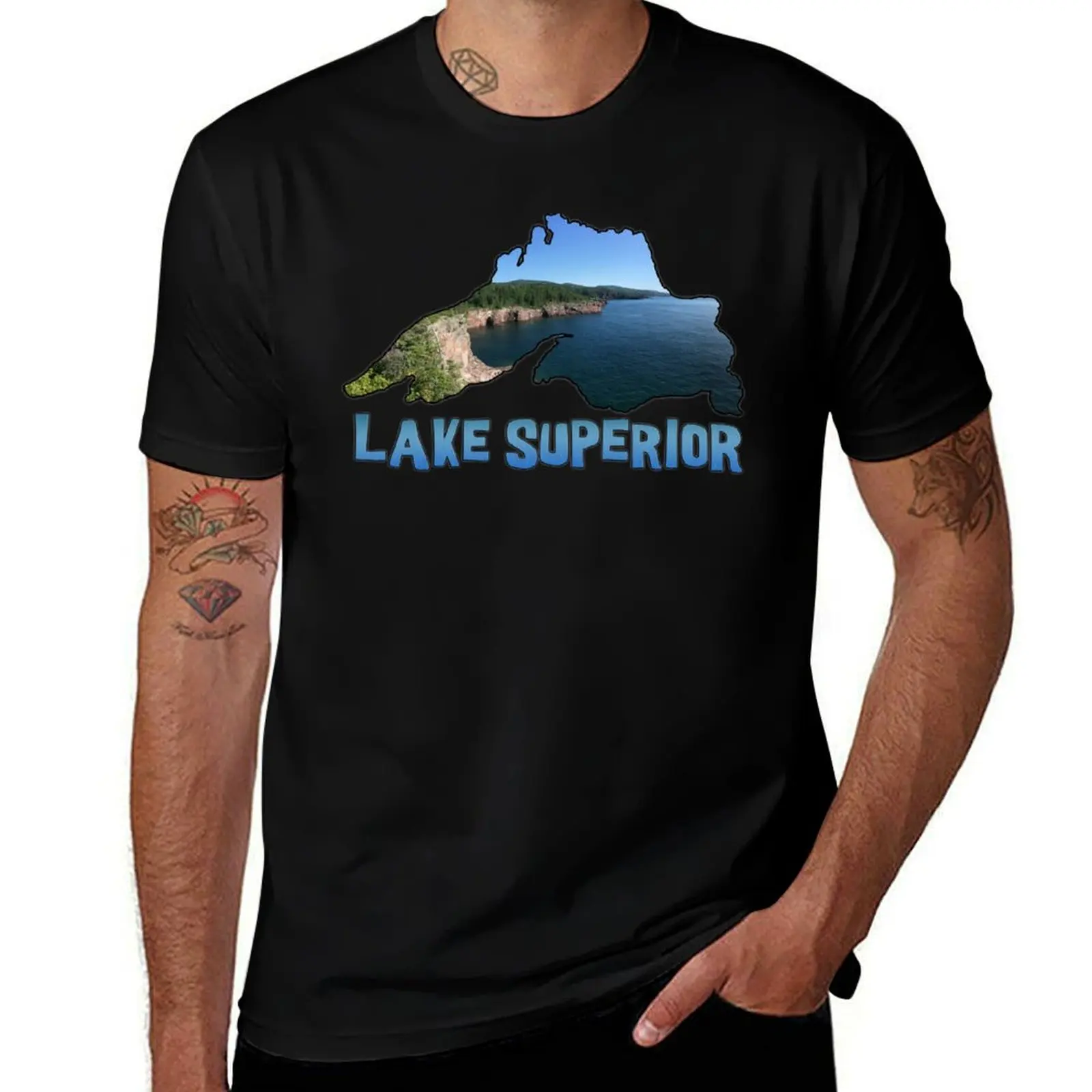 Lake Superior Outline and North Shore in Minnesota T-Shirt Basic Casual Short Sleeve Cotton Shirt