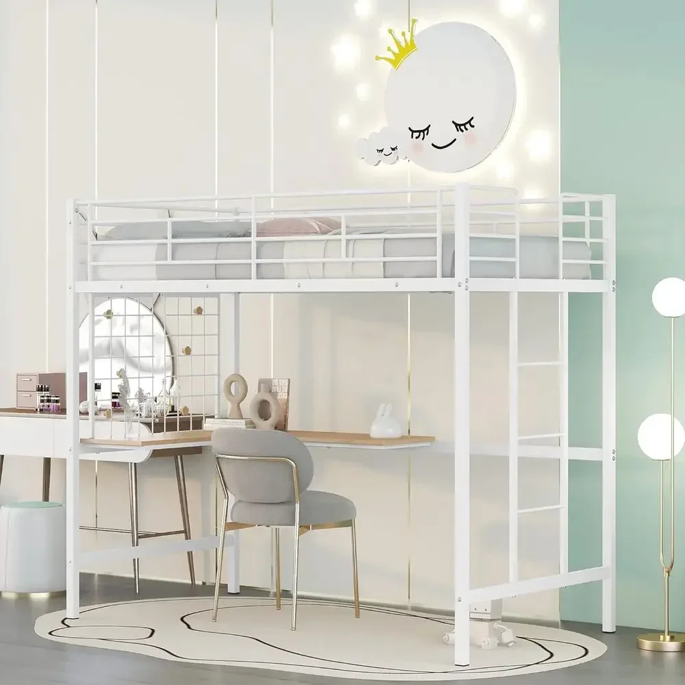 

Twin Metal Bed with L-Shape Desk and Metal Grid - Space-Saving Design for Kids and Teens, White