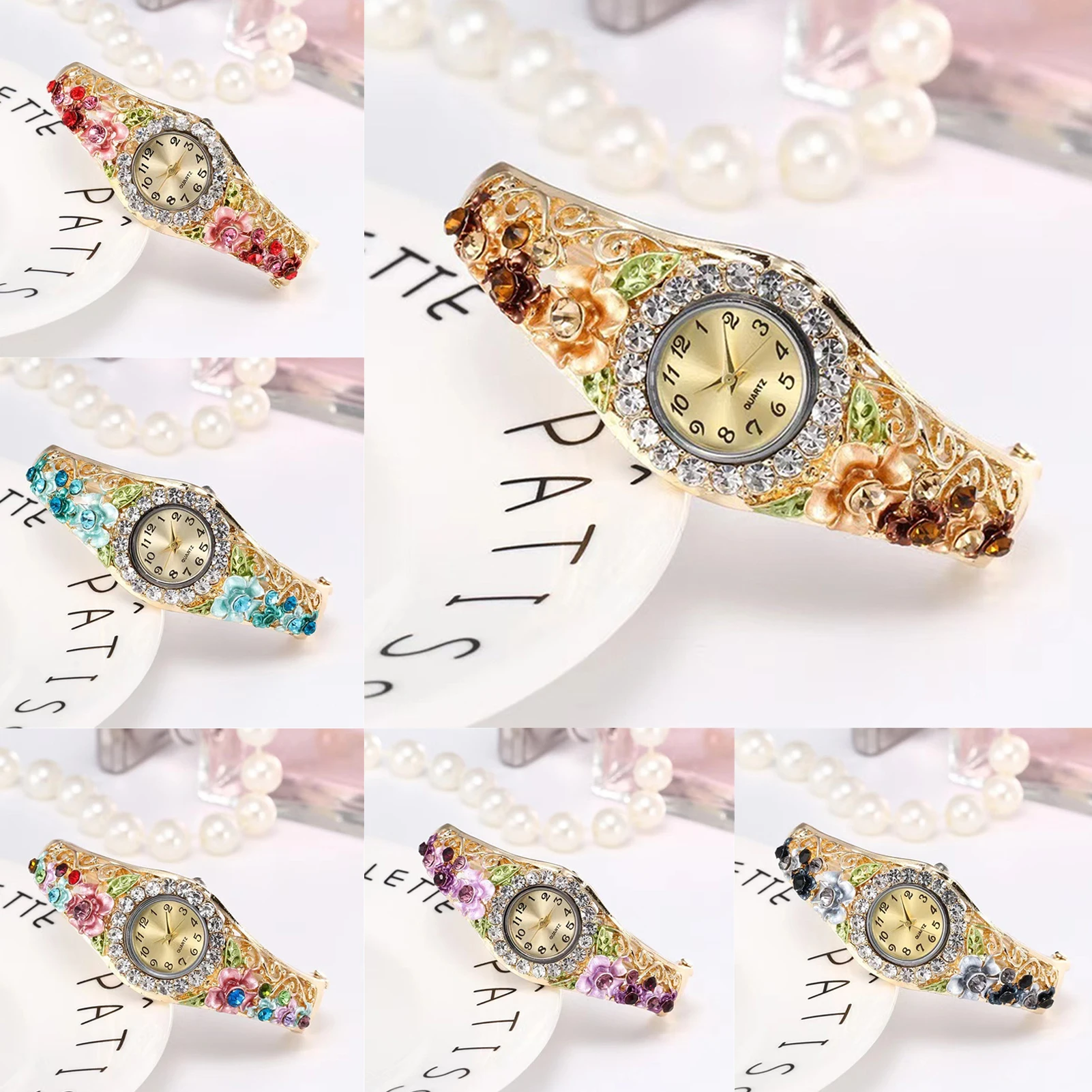 Women's Small Luxury Crystals Flower Watch Elegant 3D Floral Bangle Bracelet Watch Present for Women Girls Quartz-Wristwatch