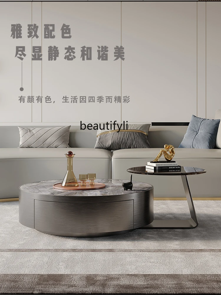 Italian Style Light Luxury Modern Minimalist Stone Plate Coffee Table round Size Assemblage Zone Drawer Creative Designer