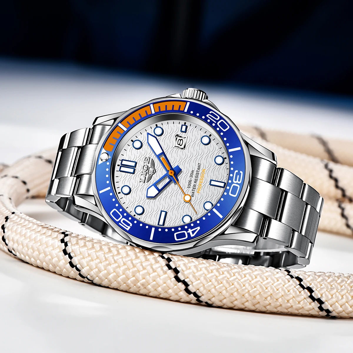 LIGE Fashion Men's Watches Business Steel Diver Dial Waterproof Luminous Luxury Quartz Wristwatch Male Clock Montre Homme+BOX